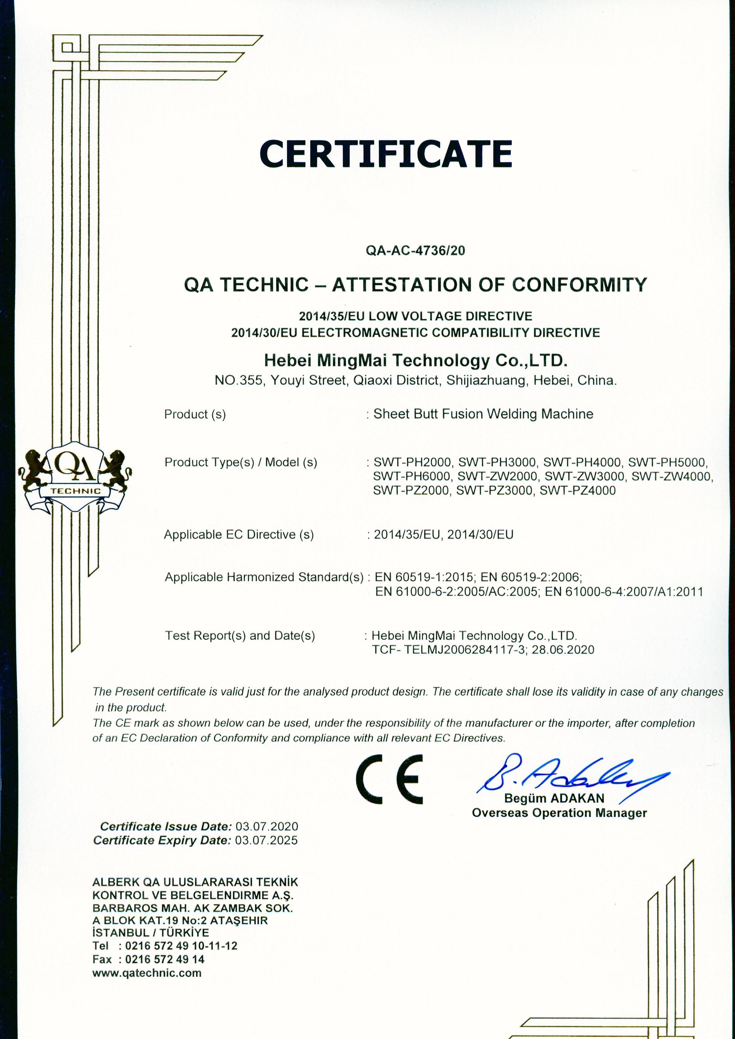 China Hebei Mingmai Technology Co.,Ltd Zertifizierungen